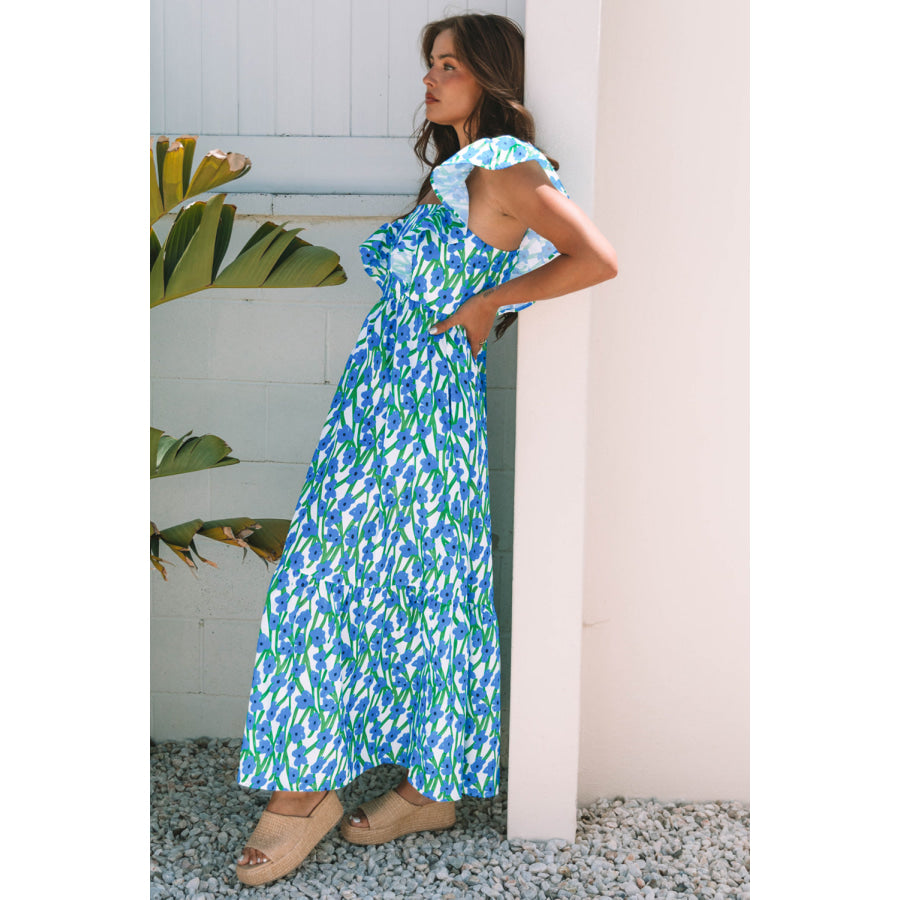 Blue Floral Print Square Neck Ruffled Strap Maxi Dress Dresses/Floral Dresses