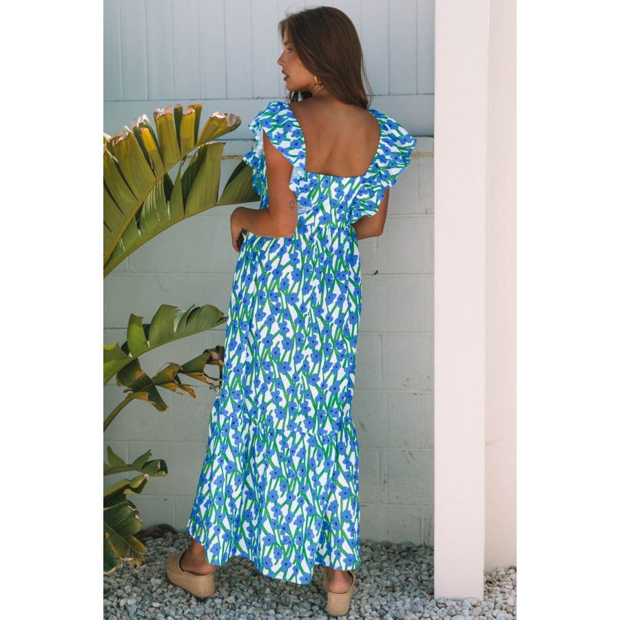 Blue Floral Print Square Neck Ruffled Strap Maxi Dress Dresses/Floral Dresses