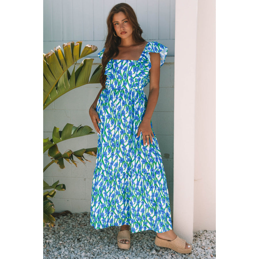Blue Floral Print Square Neck Ruffled Strap Maxi Dress Blue / S / 100% Polyester Dresses/Floral Dresses