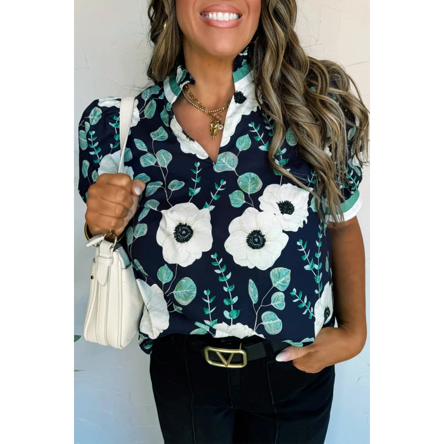 Blue Floral Print Striped Patchwork V Neck Short Sleeve Blouse Blue / S / 55% Cotton + 45% Viscose Tops/Blouses & Shirts