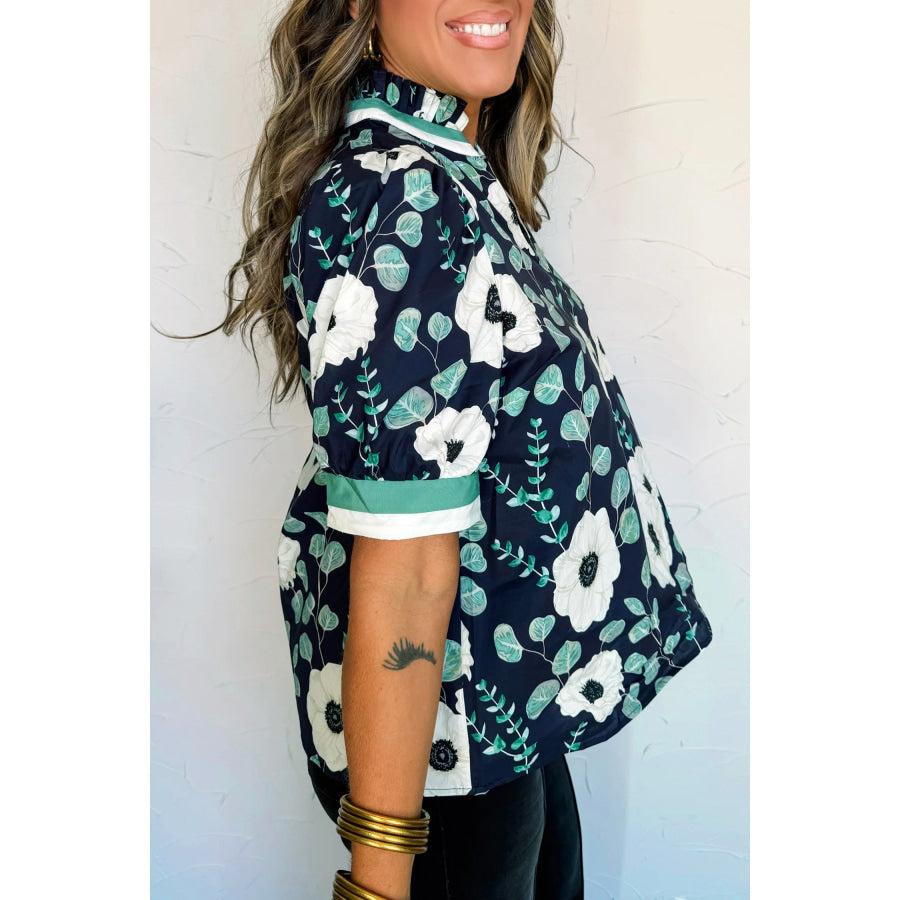 Blue Floral Print Striped Patchwork V Neck Short Sleeve Blouse Tops/Blouses & Shirts