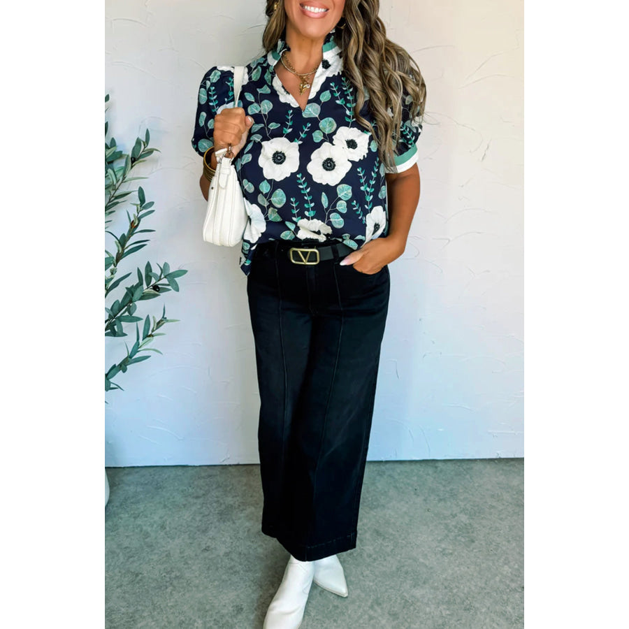 Blue Floral Print Striped Patchwork V Neck Short Sleeve Blouse Tops/Blouses & Shirts