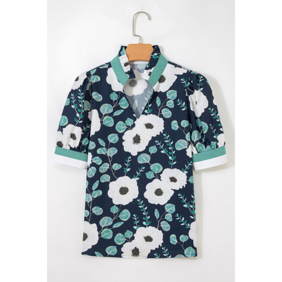 Blue Floral Print Striped Patchwork V Neck Short Sleeve Blouse Tops/Blouses & Shirts