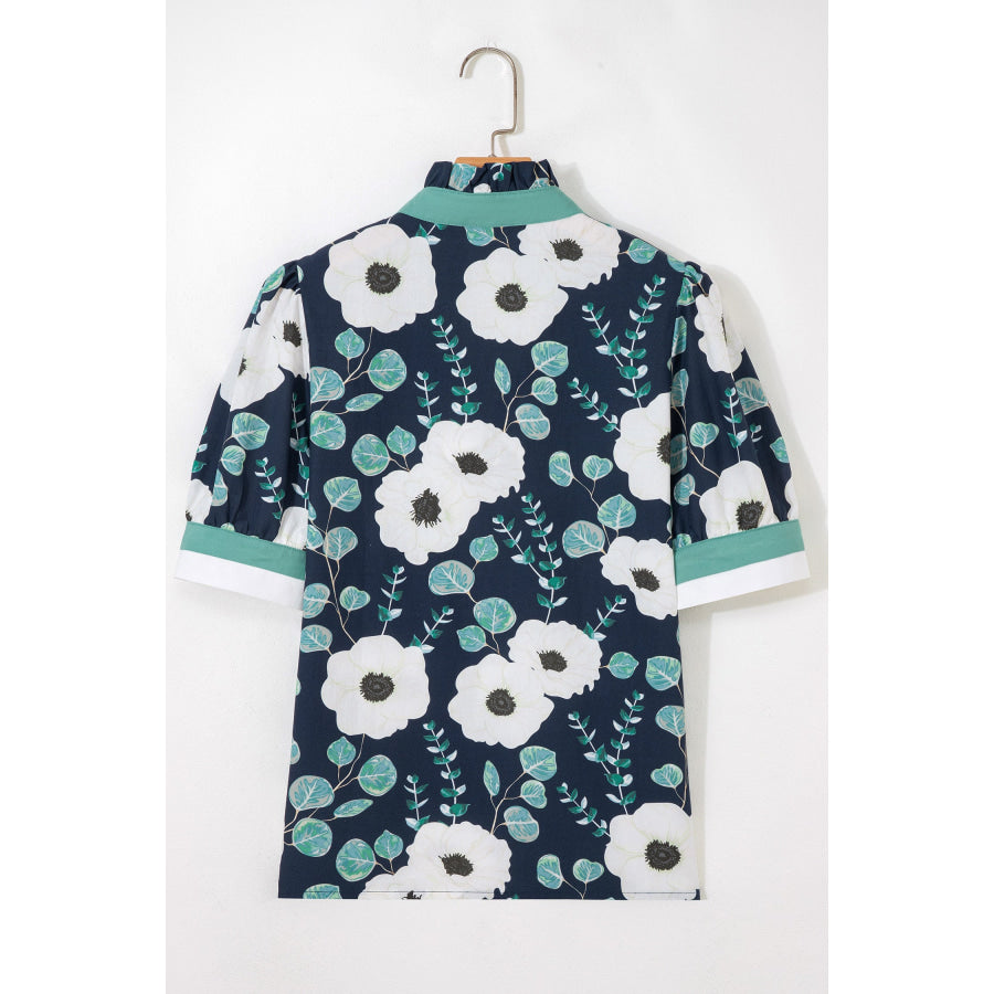 Blue Floral Print Striped Patchwork V Neck Short Sleeve Blouse Tops/Blouses & Shirts