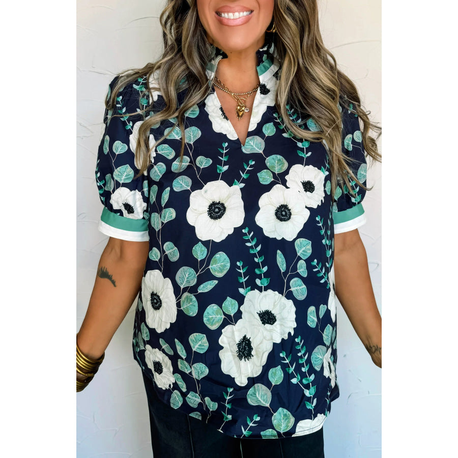 Blue Floral Print Striped Patchwork V Neck Short Sleeve Blouse Tops/Blouses & Shirts