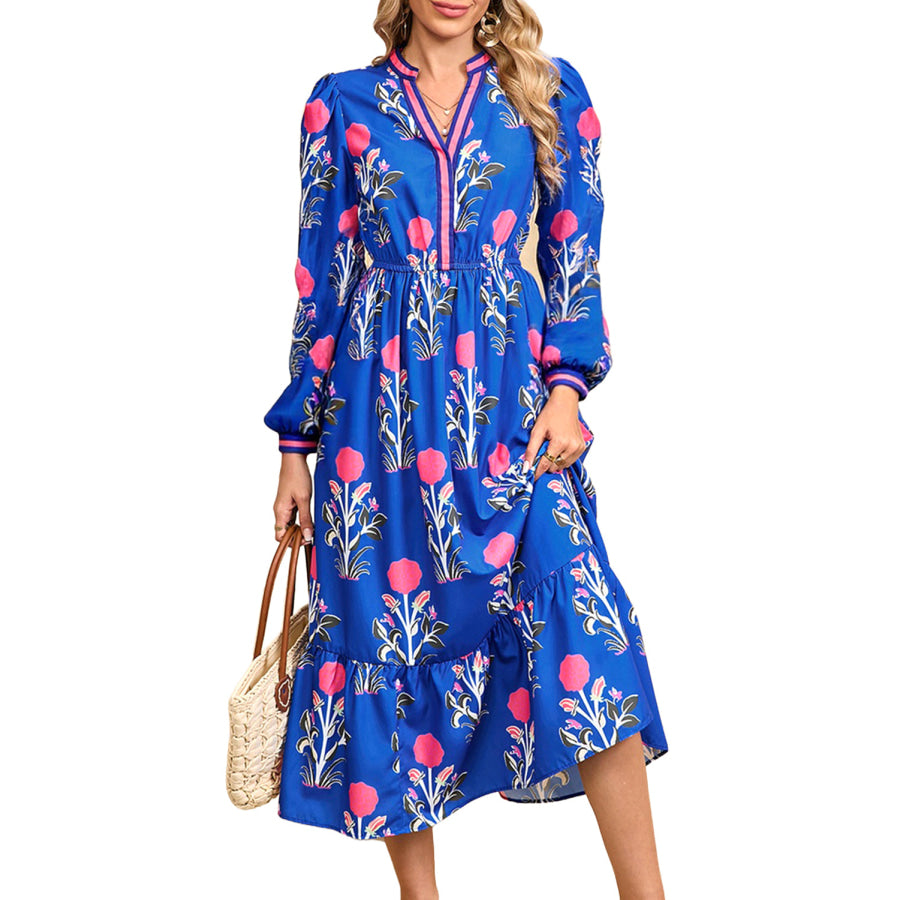 Blue Floral Print Striped Trim Split Neck Long Sleeve Ruffle Hem Midi Dress Dresses/Floral Dresses