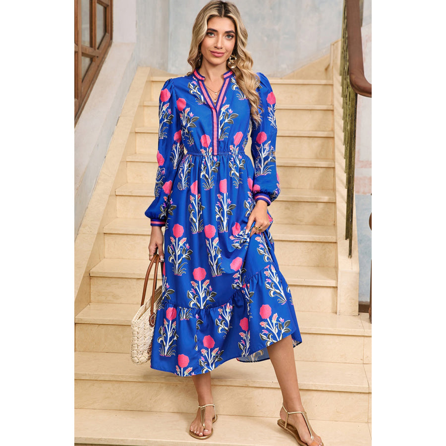 Blue Floral Print Striped Trim Split Neck Long Sleeve Ruffle Hem Midi Dress Dresses/Floral Dresses