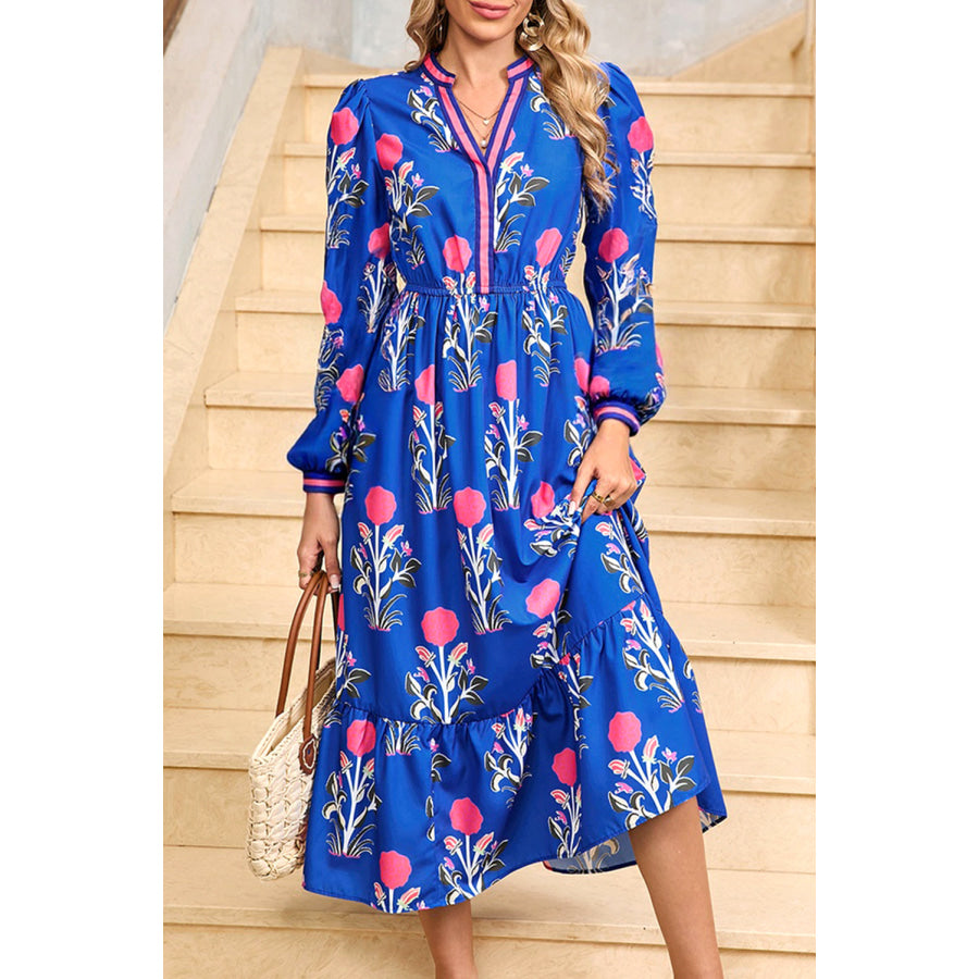 Blue Floral Print Striped Trim Split Neck Long Sleeve Ruffle Hem Midi Dress Dresses/Floral Dresses