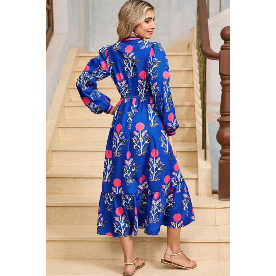 Blue Floral Print Striped Trim Split Neck Long Sleeve Ruffle Hem Midi Dress Blue / S / 100% Polyester Dresses/Floral Dresses