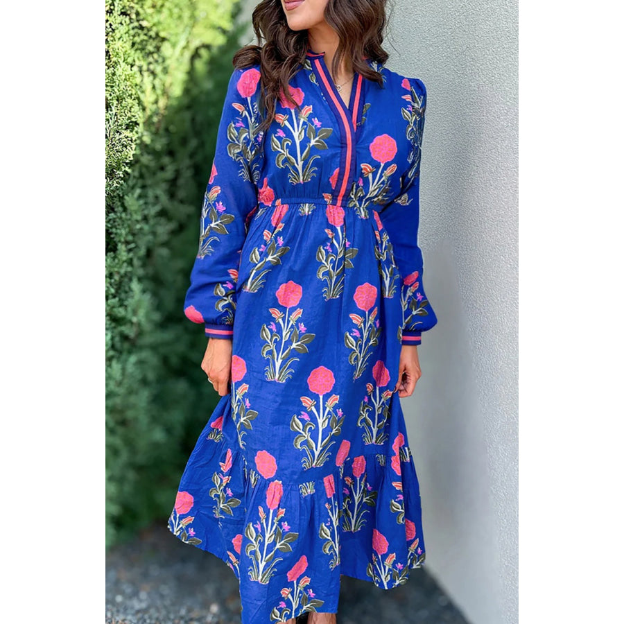 Blue Floral Print Striped Trim Split Neck Long Sleeve Ruffle Hem Midi Dress Blue / S / 100% Polyester Dresses/Floral Dresses