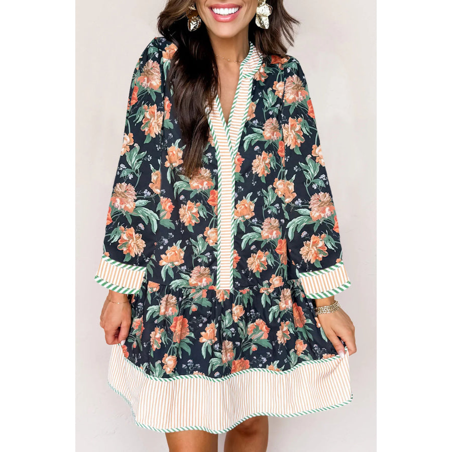 Blue Floral Print Striped Trim V Neck Long Sleeve Ruffle Hem Shift Mini Dress Dresses/Floral Dresses
