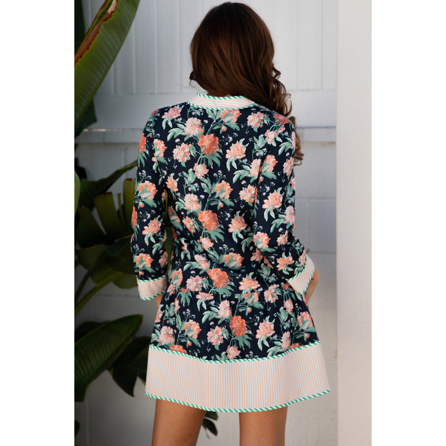 Blue Floral Print Striped Trim V Neck Long Sleeve Ruffle Hem Shift Mini Dress Dresses/Floral Dresses