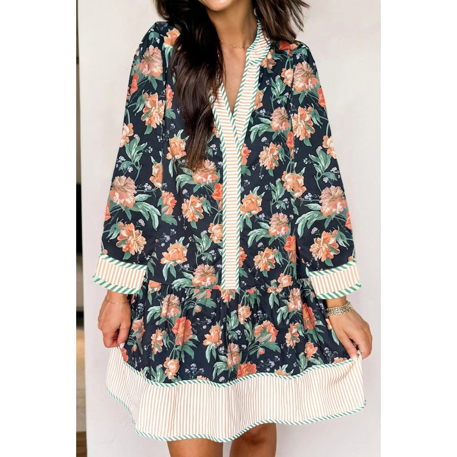 Blue Floral Print Striped Trim V Neck Long Sleeve Ruffle Hem Shift Mini Dress Dresses/Floral Dresses