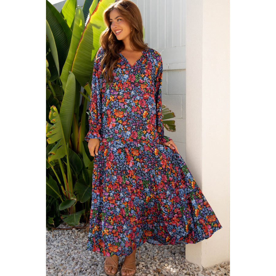Blue Floral Print Tassel Tie V Neck Long Sleeve Flowy Long Dress Dresses/Maxi Dresses