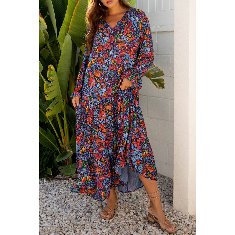 Blue Floral Print Tassel Tie V Neck Long Sleeve Flowy Long Dress Dresses/Maxi Dresses