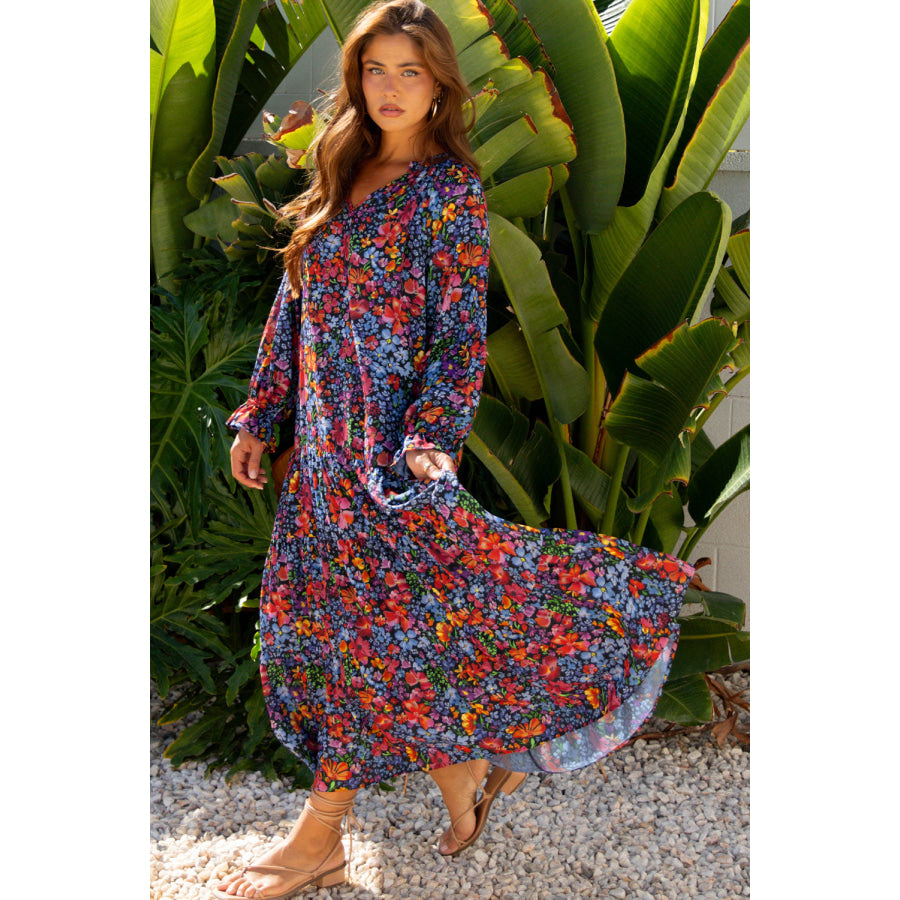 Blue Floral Print Tassel Tie V Neck Long Sleeve Flowy Long Dress Dresses/Maxi Dresses