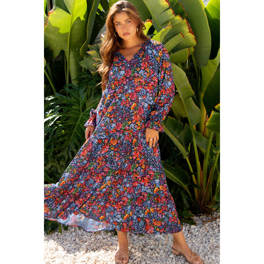 Blue Floral Print Tassel Tie V Neck Long Sleeve Flowy Long Dress Dresses/Maxi Dresses