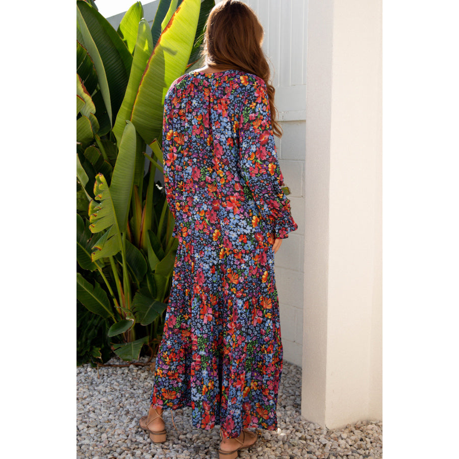 Blue Floral Print Tassel Tie V Neck Long Sleeve Flowy Long Dress Dresses/Maxi Dresses