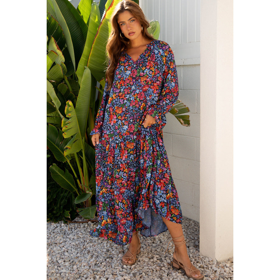 Blue Floral Print Tassel Tie V Neck Long Sleeve Flowy Long Dress Dresses/Maxi Dresses