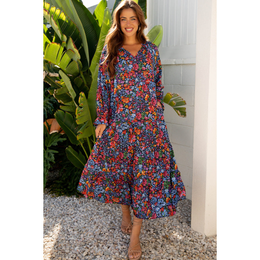 Blue Floral Print Tassel Tie V Neck Long Sleeve Flowy Long Dress Blue / S / 100% Polyester Dresses/Maxi Dresses