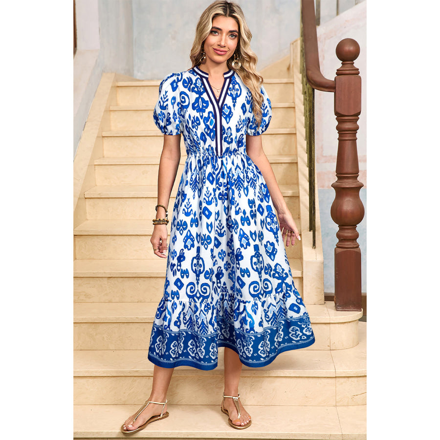 Blue Floral Puff Short Sleeve V Neck High Waist Maxi Dress Dresses/Floral Dresses
