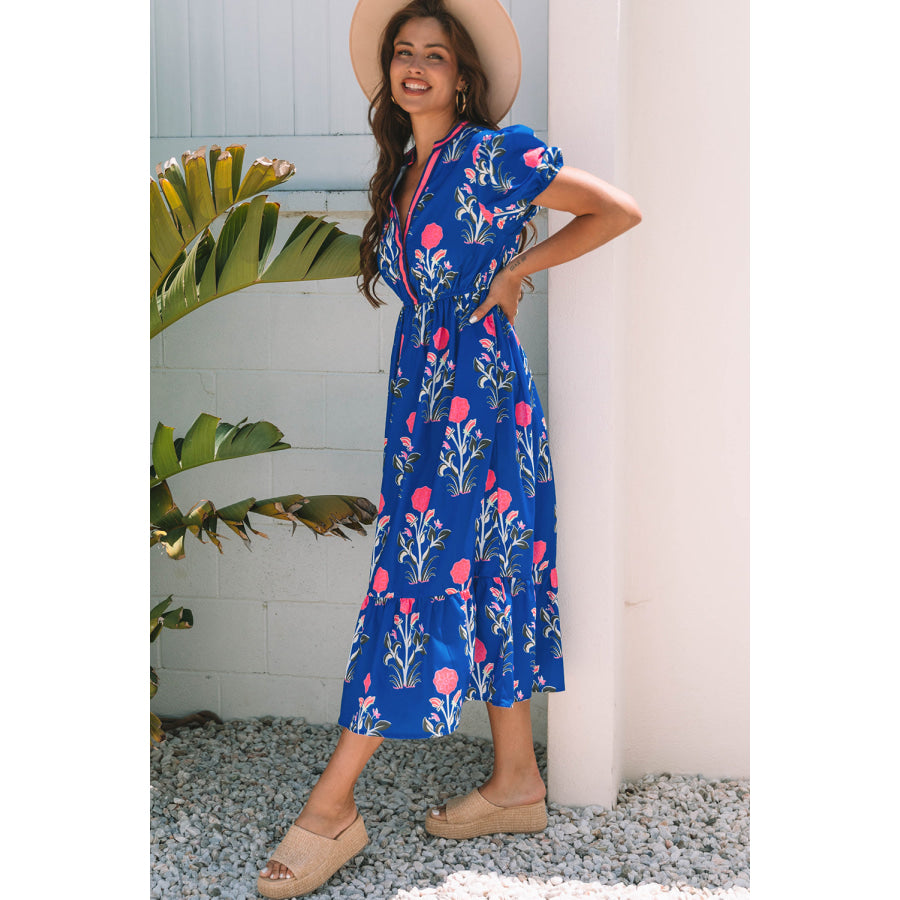 Blue Floral Puff Short Sleeve V Neck High Waist Maxi Dress Dresses/Floral Dresses