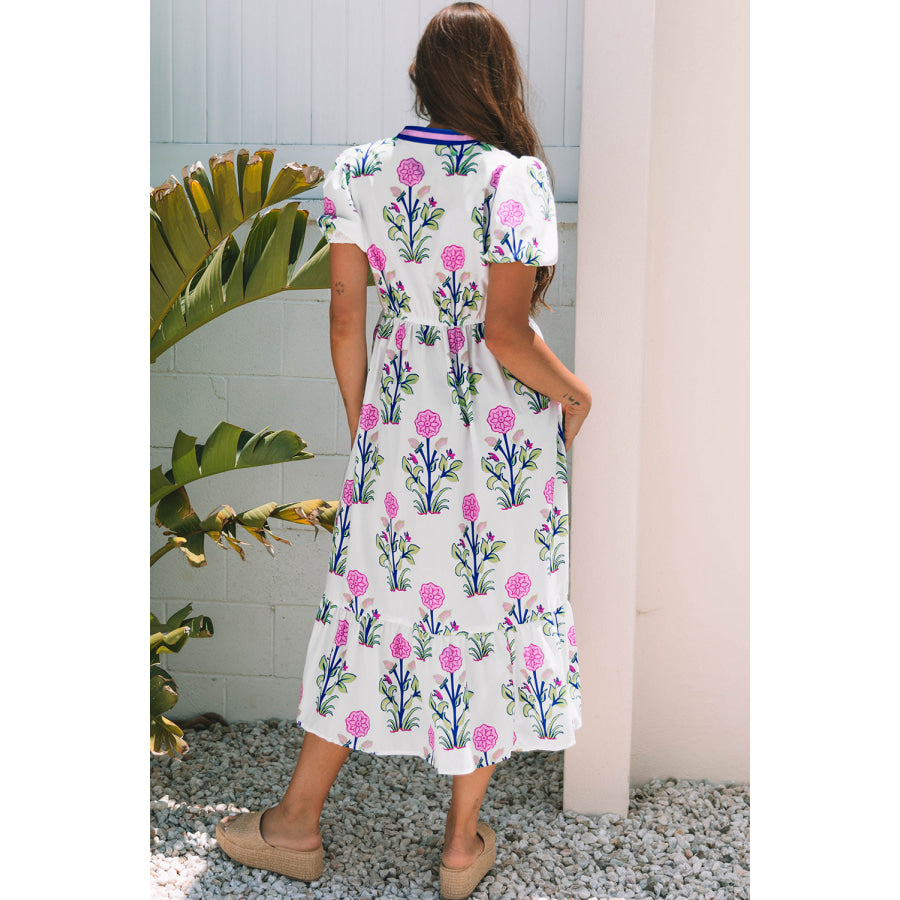 Blue Floral Puff Short Sleeve V Neck High Waist Maxi Dress Dresses/Floral Dresses