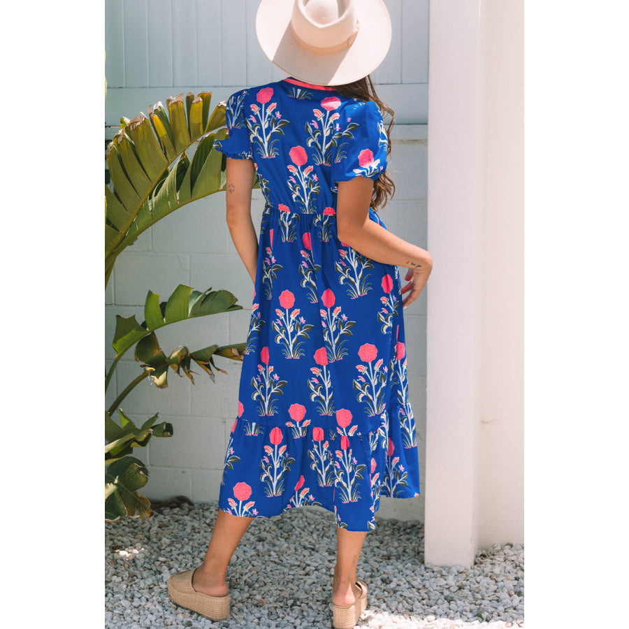 Blue Floral Puff Short Sleeve V Neck High Waist Maxi Dress Dresses/Floral Dresses