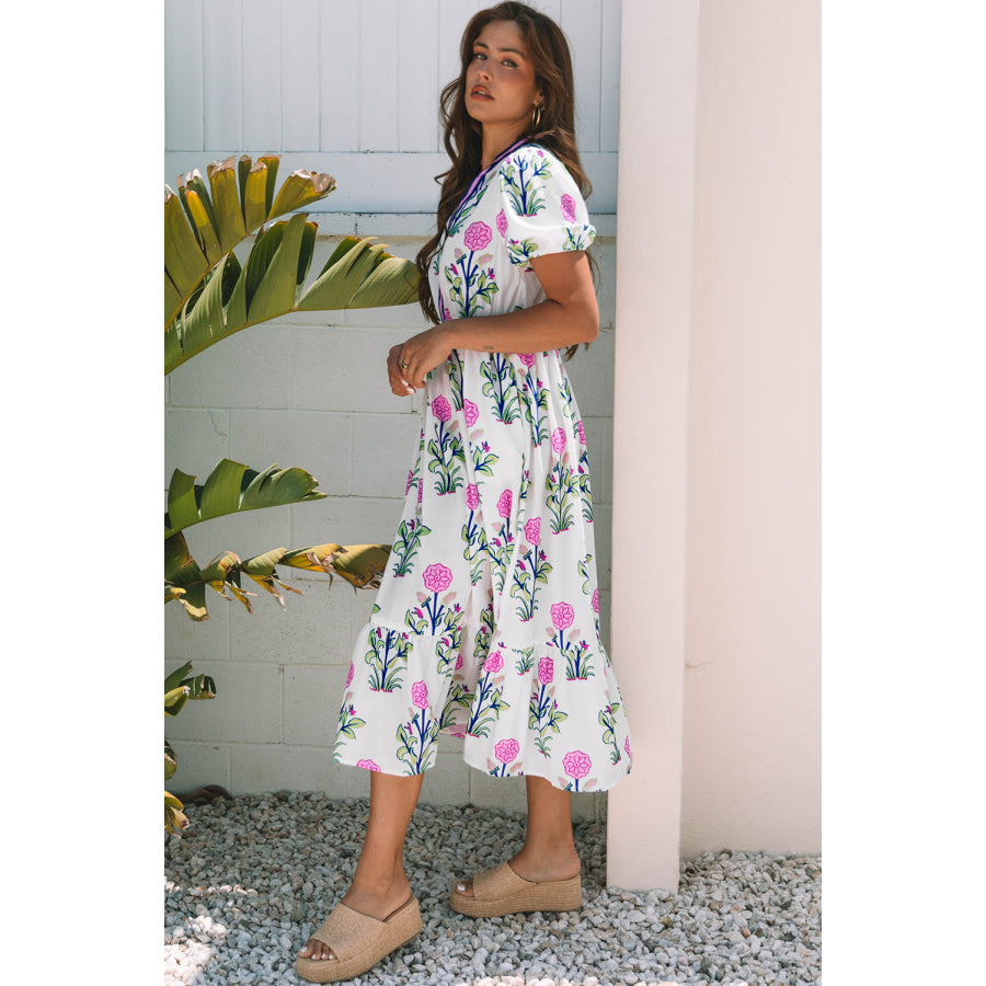 Blue Floral Puff Short Sleeve V Neck High Waist Maxi Dress Dresses/Floral Dresses