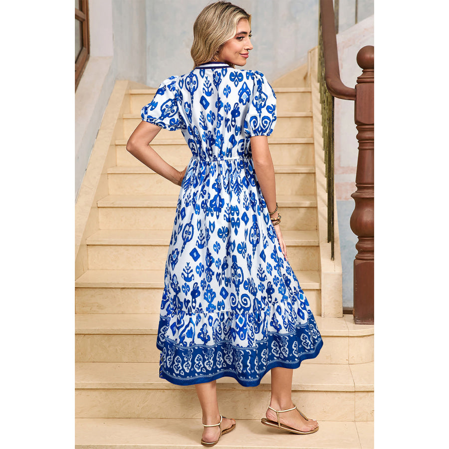 Blue Floral Puff Short Sleeve V Neck High Waist Maxi Dress Dresses/Floral Dresses