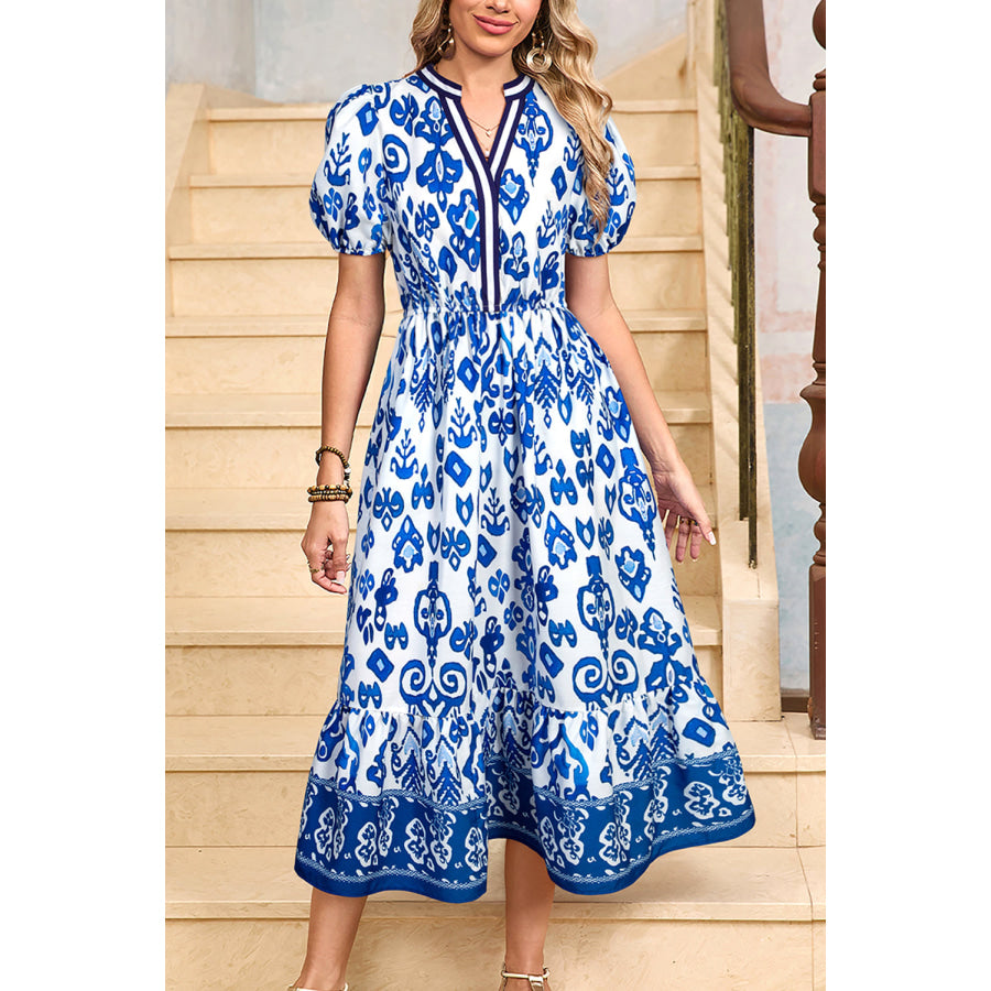 Blue Floral Puff Short Sleeve V Neck High Waist Maxi Dress Blue / S / 100% Polyester Dresses/Floral Dresses
