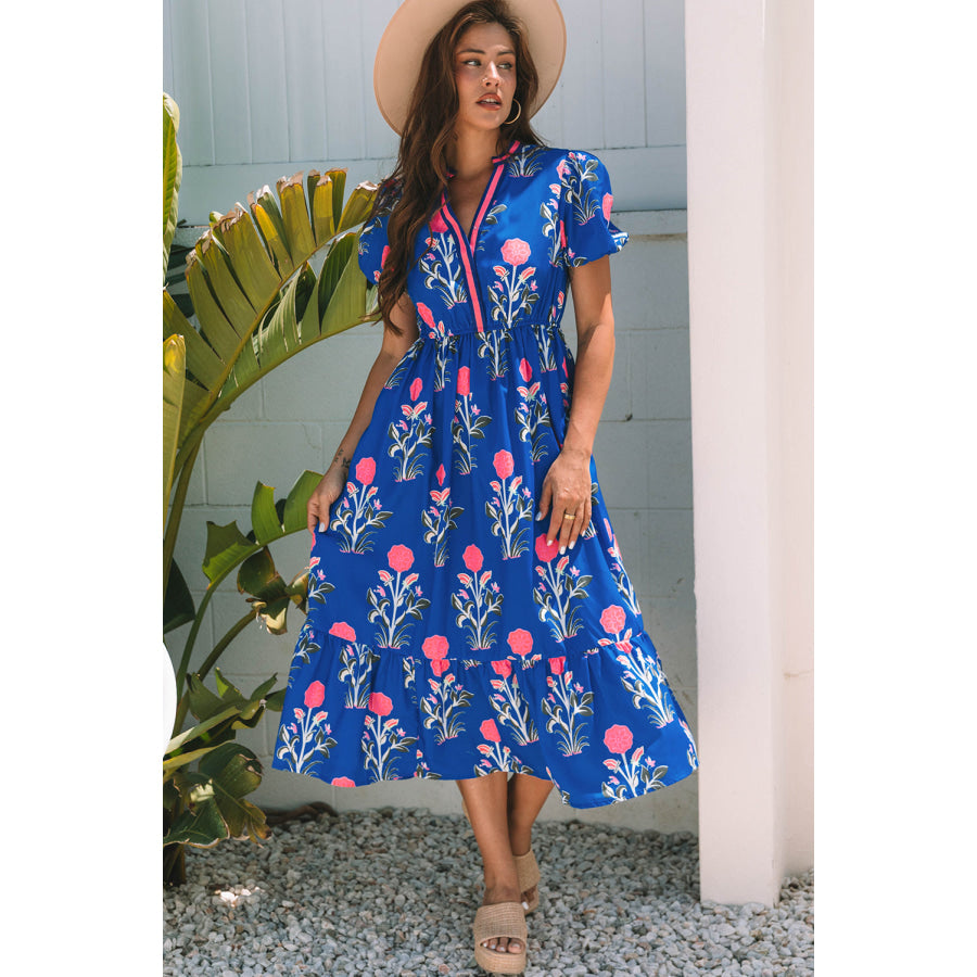 Blue Floral Puff Short Sleeve V Neck High Waist Maxi Dress Sky Blue / S / 100% Polyester Dresses/Floral Dresses