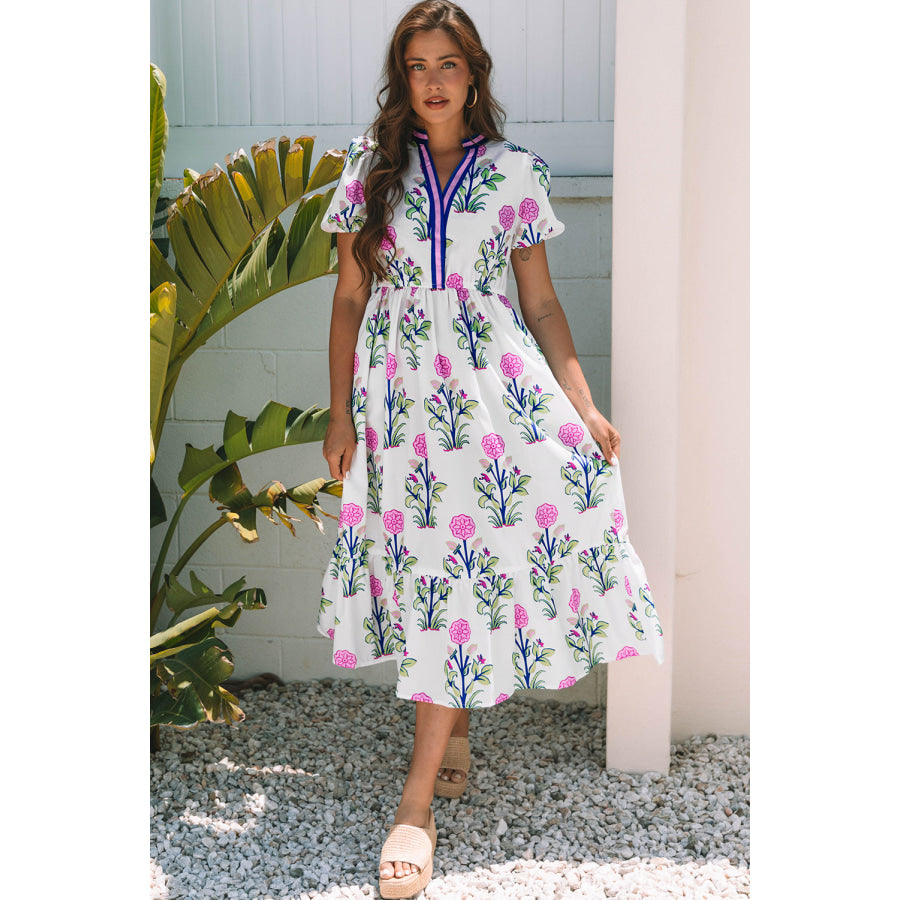 Blue Floral Puff Short Sleeve V Neck High Waist Maxi Dress White / S / 100% Polyester Dresses/Floral Dresses