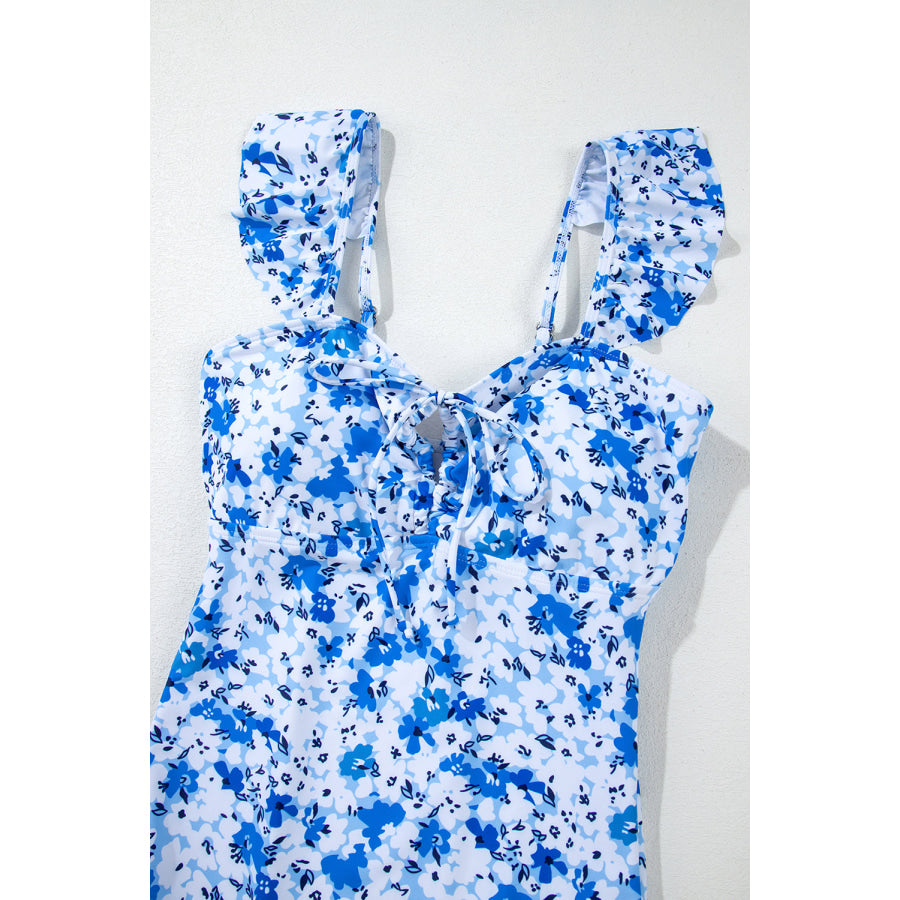 Blue Floral Ruffled Strap Lace-up Hollow Out One Piece Swimsuit Swimwear/One Piece Swimsuit