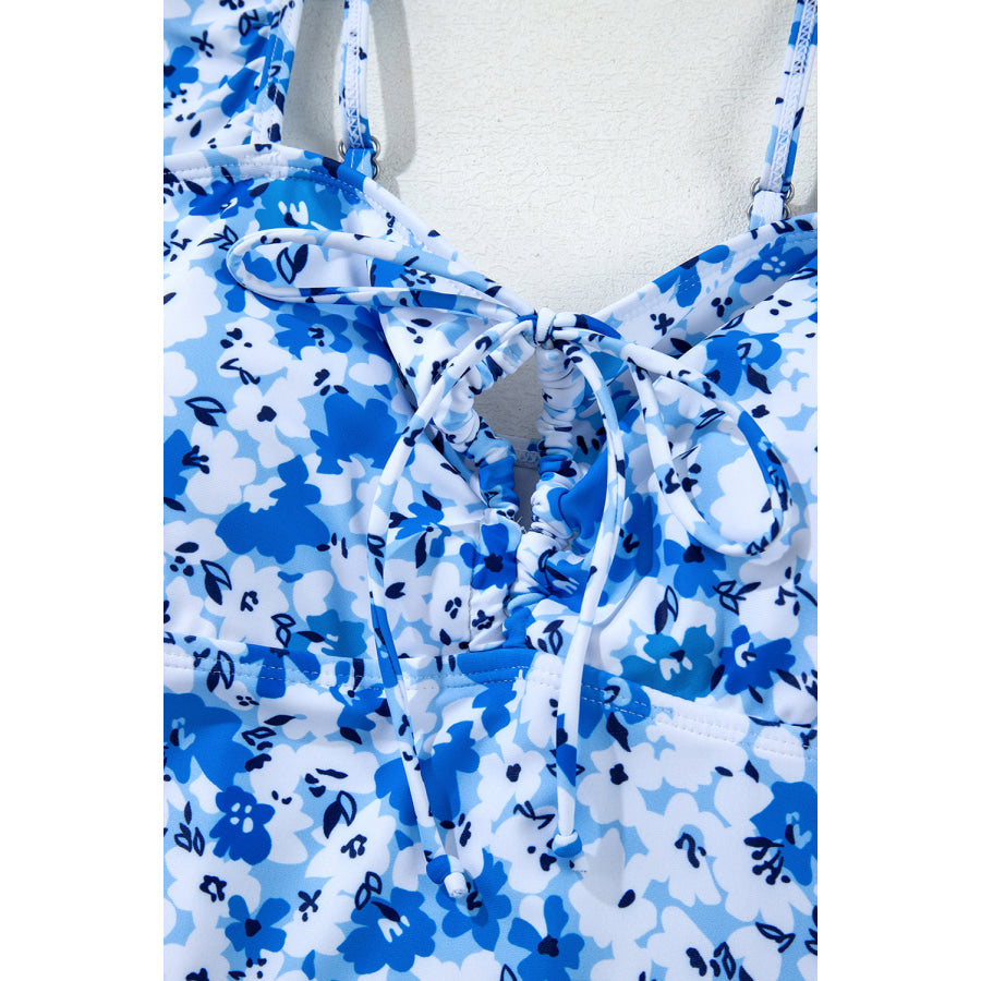 Blue Floral Ruffled Strap Lace-up Hollow Out One Piece Swimsuit Swimwear/One Piece Swimsuit