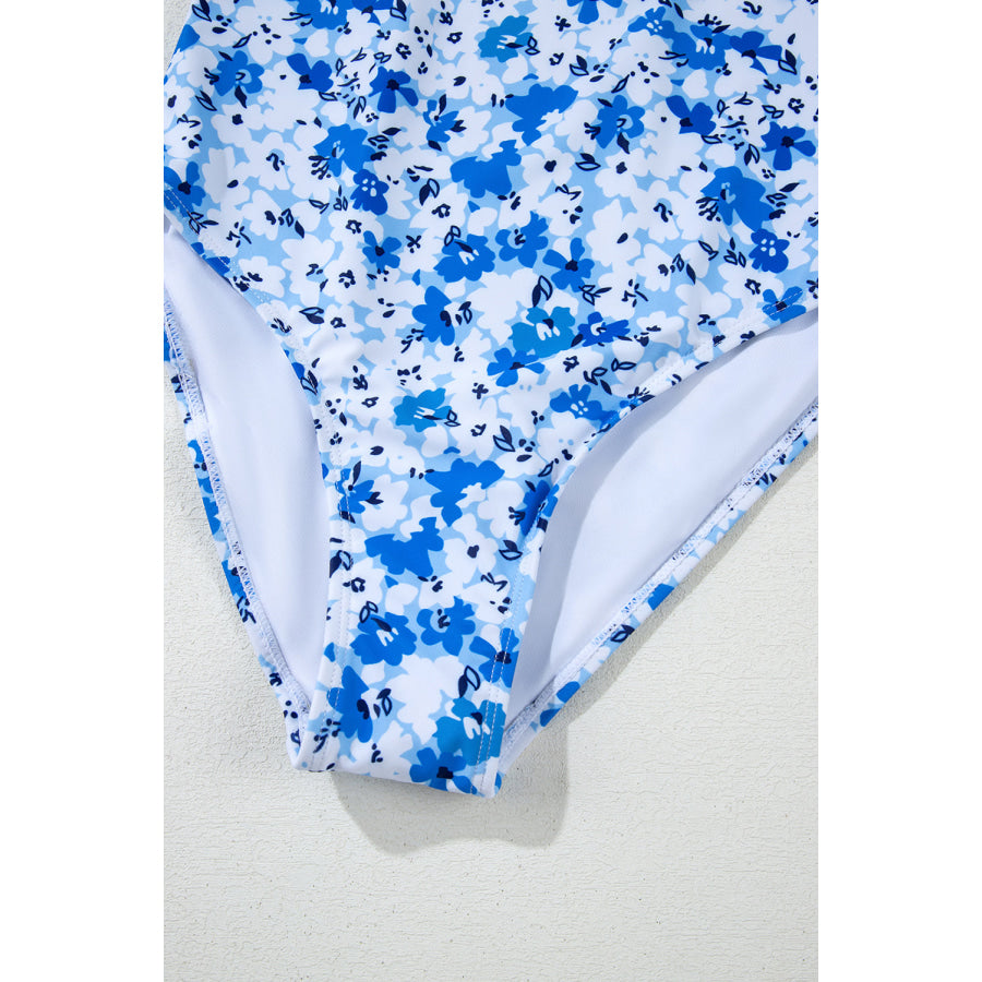 Blue Floral Ruffled Strap Lace-up Hollow Out One Piece Swimsuit Swimwear/One Piece Swimsuit
