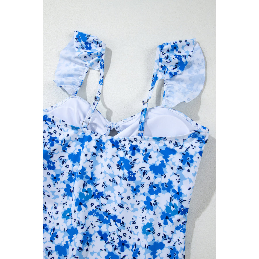 Blue Floral Ruffled Strap Lace-up Hollow Out One Piece Swimsuit Swimwear/One Piece Swimsuit