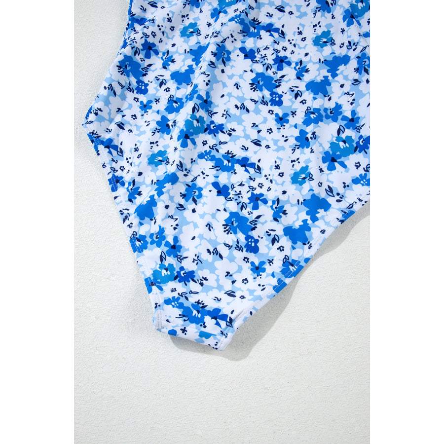 Blue Floral Ruffled Strap Lace-up Hollow Out One Piece Swimsuit Swimwear/One Piece Swimsuit