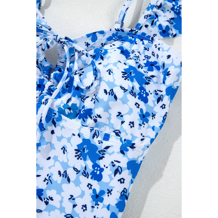 Blue Floral Ruffled Strap Lace-up Hollow Out One Piece Swimsuit Swimwear/One Piece Swimsuit