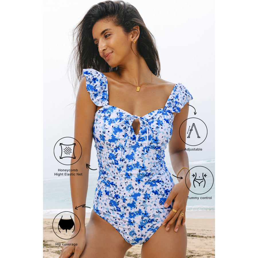 Blue Floral Ruffled Strap Lace-up Hollow Out One Piece Swimsuit Swimwear/One Piece Swimsuit