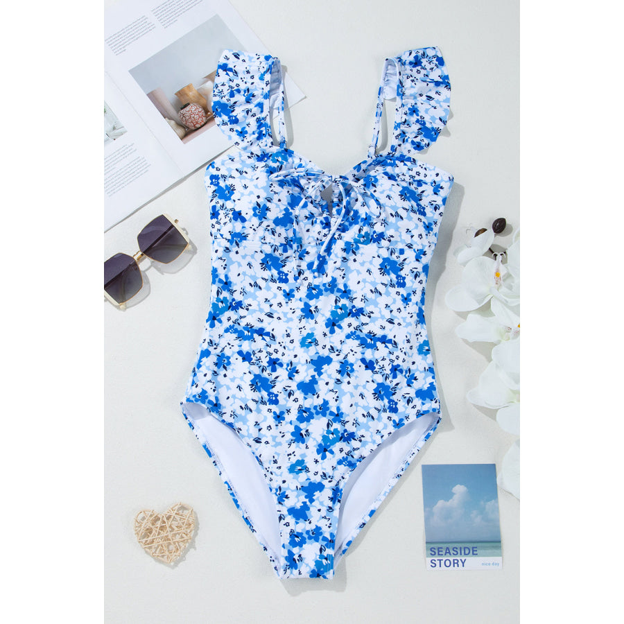 Blue Floral Ruffled Strap Lace-up Hollow Out One Piece Swimsuit Swimwear/One Piece Swimsuit