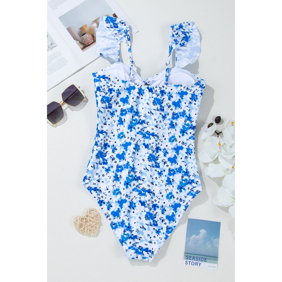 Blue Floral Ruffled Strap Lace-up Hollow Out One Piece Swimsuit Swimwear/One Piece Swimsuit