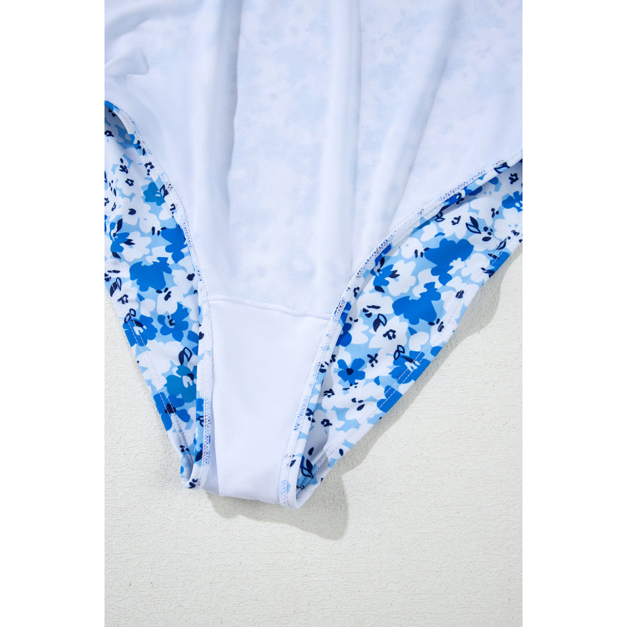 Blue Floral Ruffled Strap Lace-up Hollow Out One Piece Swimsuit Swimwear/One Piece Swimsuit