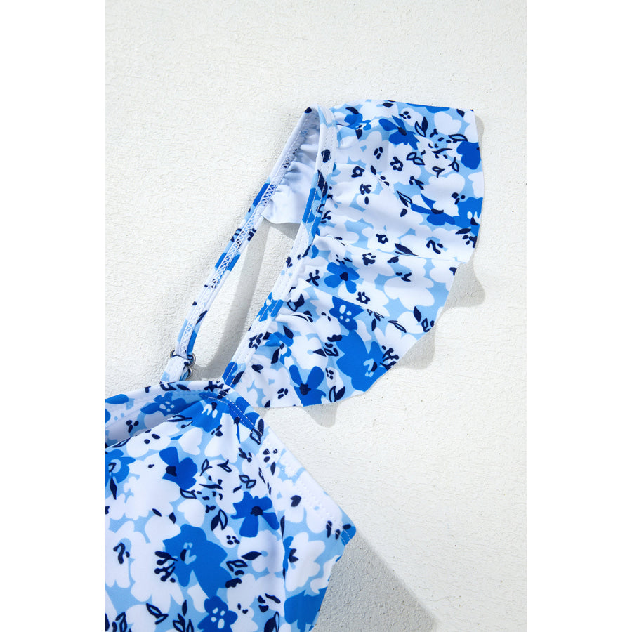 Blue Floral Ruffled Strap Lace-up Hollow Out One Piece Swimsuit Swimwear/One Piece Swimsuit
