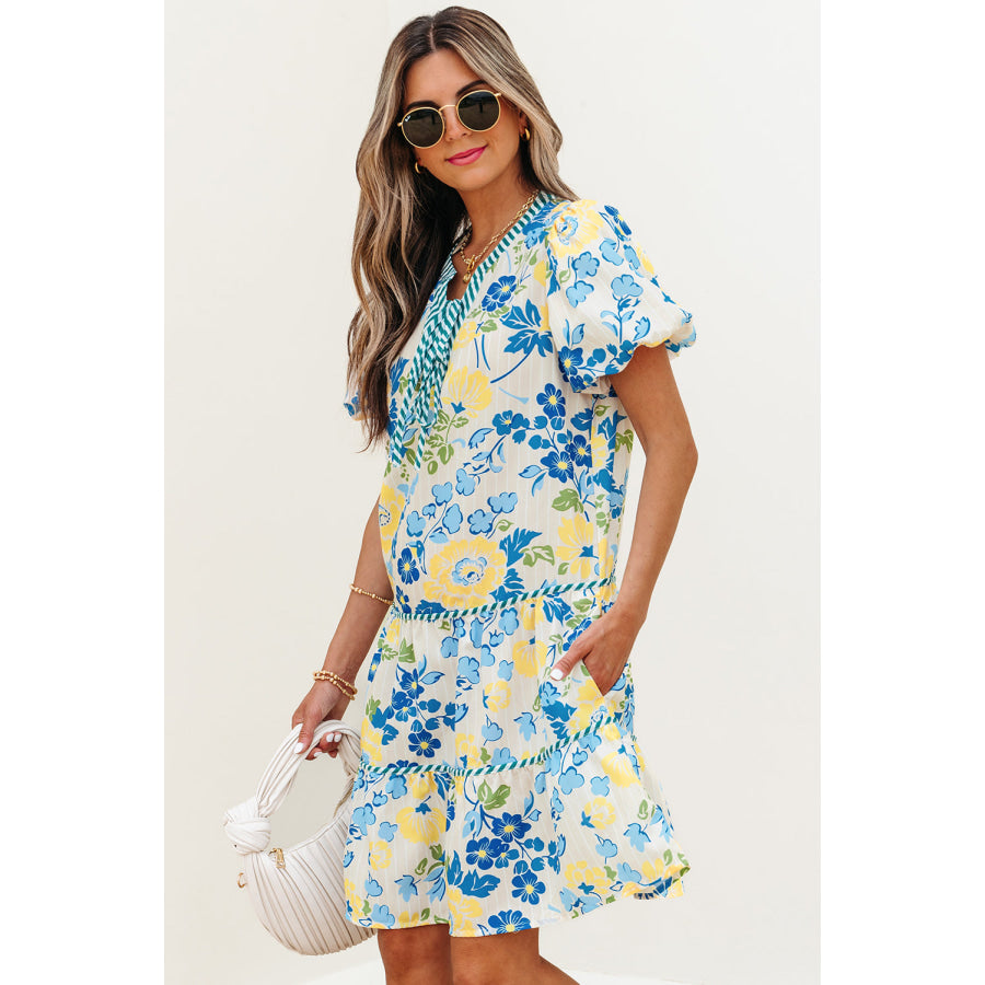 Blue Floral Striped Trim Puff Short Sleeve Dress Dresses/Floral Dresses