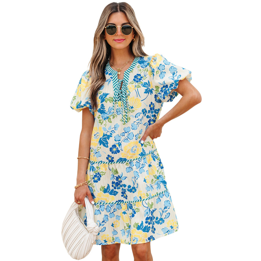 Blue Floral Striped Trim Puff Short Sleeve Dress Dresses/Floral Dresses