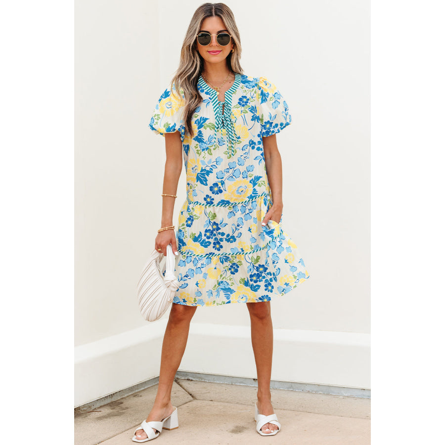 Blue Floral Striped Trim Puff Short Sleeve Dress Dresses/Floral Dresses