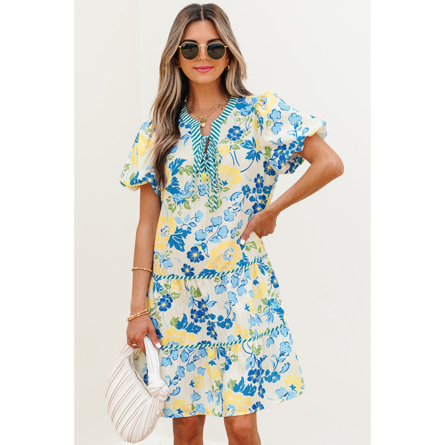 Blue Floral Striped Trim Puff Short Sleeve Dress Dresses/Floral Dresses
