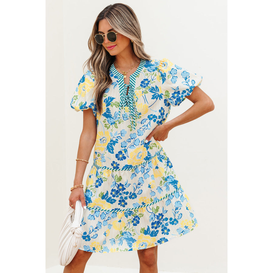 Blue Floral Striped Trim Puff Short Sleeve Dress Dresses/Floral Dresses