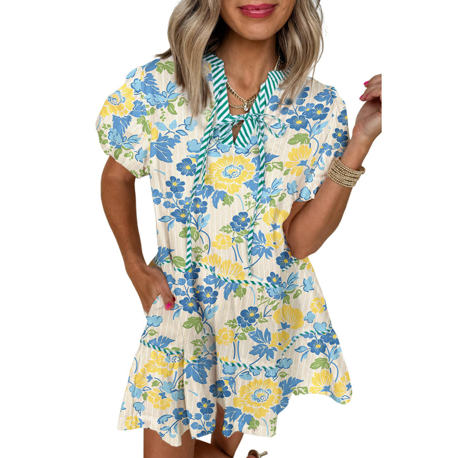 Blue Floral Striped Trim Puff Short Sleeve Dress Dresses/Floral Dresses